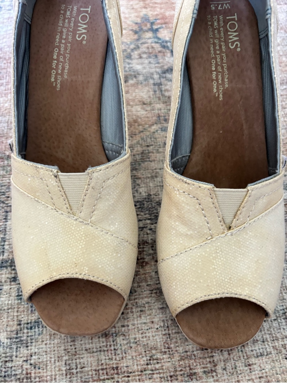 TOMS Women's Cream Glitter Peep-Toe Wedge Shoes - Picture 12 of 16